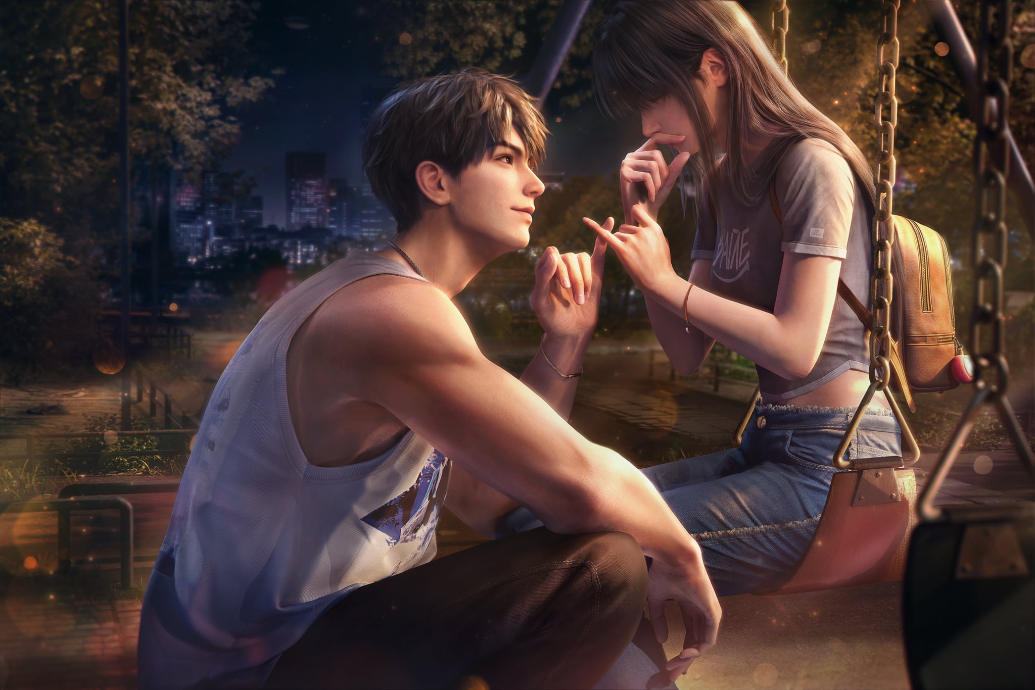 Caleb crouches beside the heroine on a swing as they link their little fingers in a park at night.