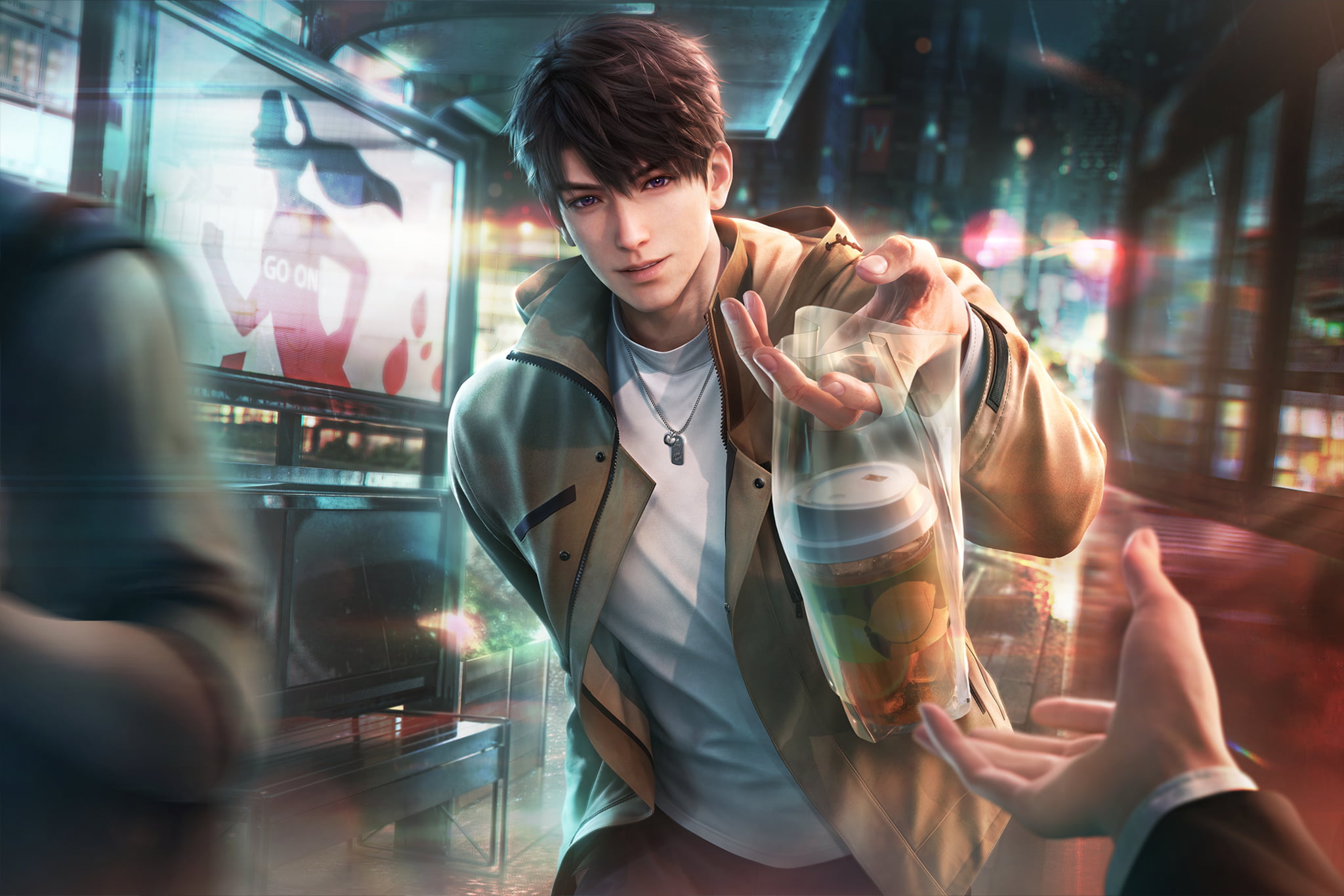 Caleb reaches toward the viewer with a drink in a brightly lit shop.