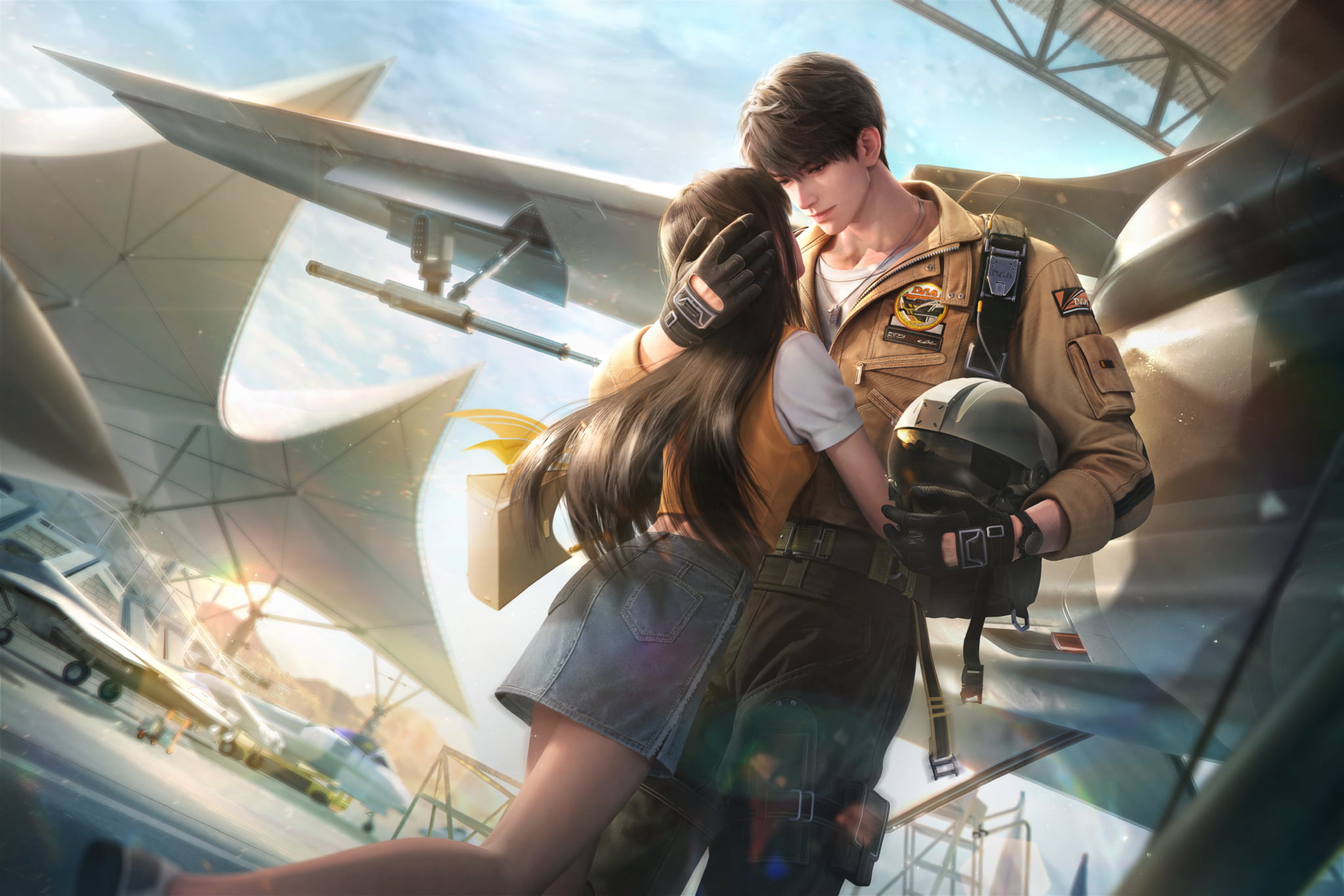 Caleb in flight clothing holds the heroine close beside an aircraft, with a helmet in his hand.
