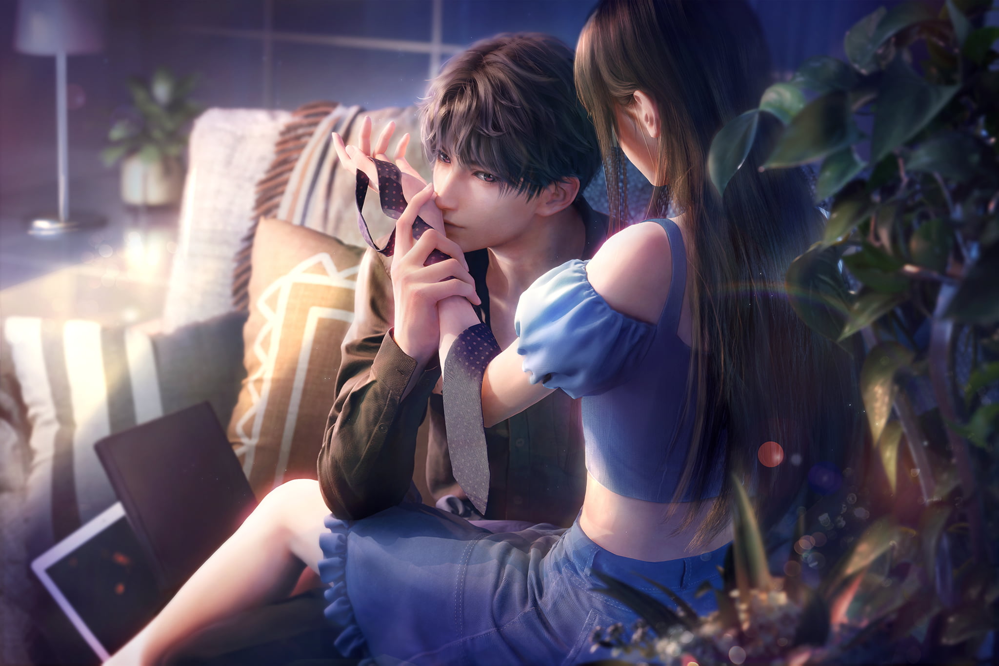 The heroine with Rafayel in a softly lit scene from Fragrant Dream.