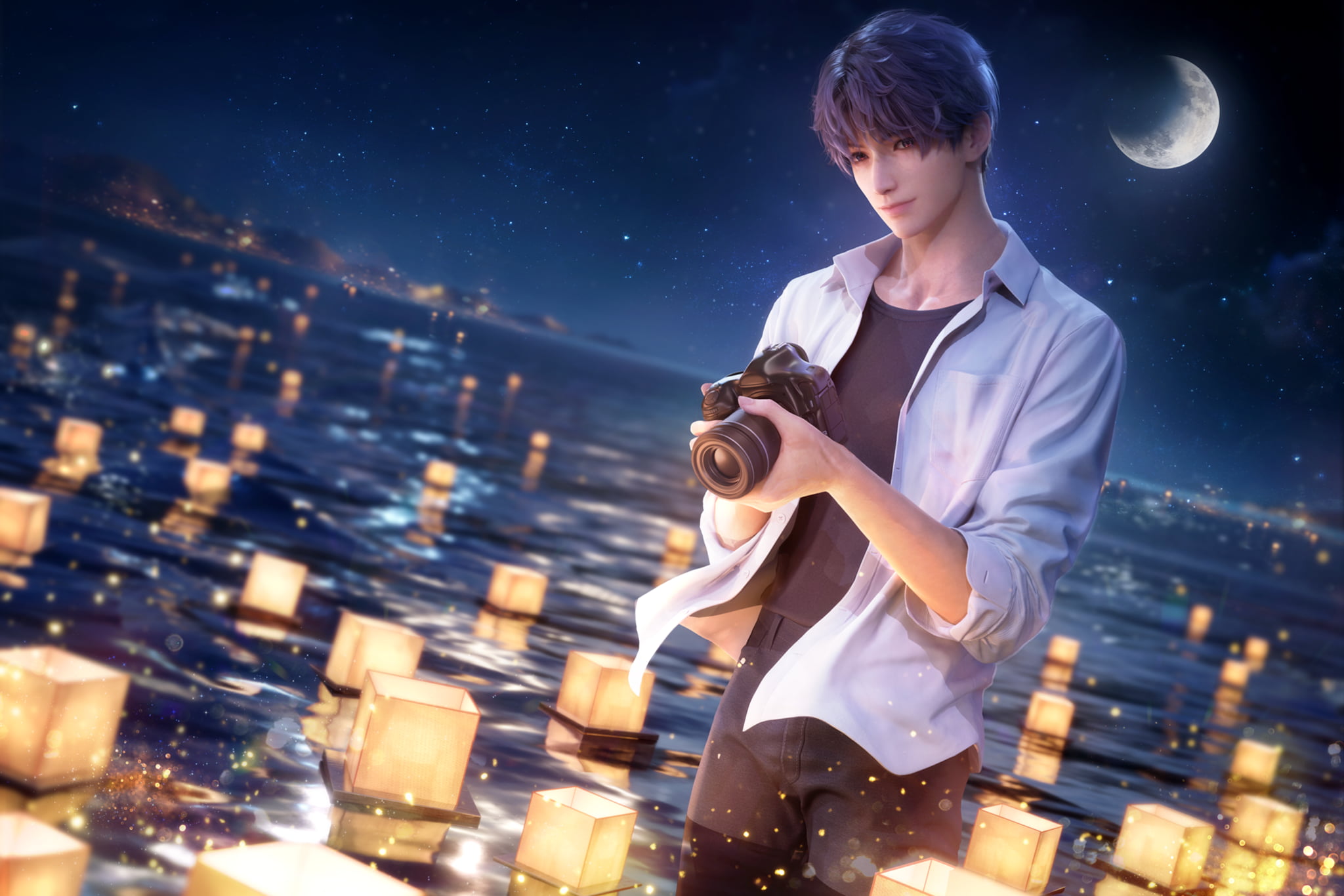 Rafayel holds a camera by the sea beneath a crescent moon and floating lanterns.