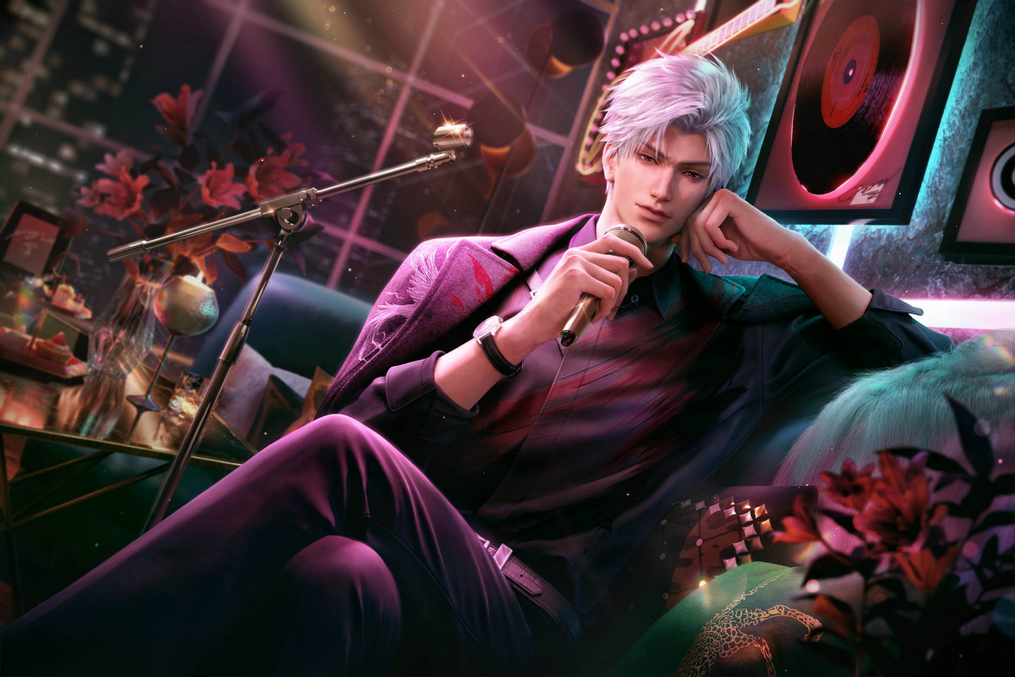 Sylus lounges with a microphone in a purple suit, surrounded by flowers and records.