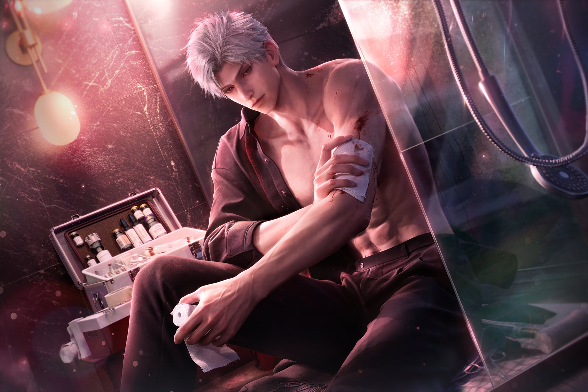 Sylus sits beside medical supplies with his shirt open, holding a bandage to his shoulder.