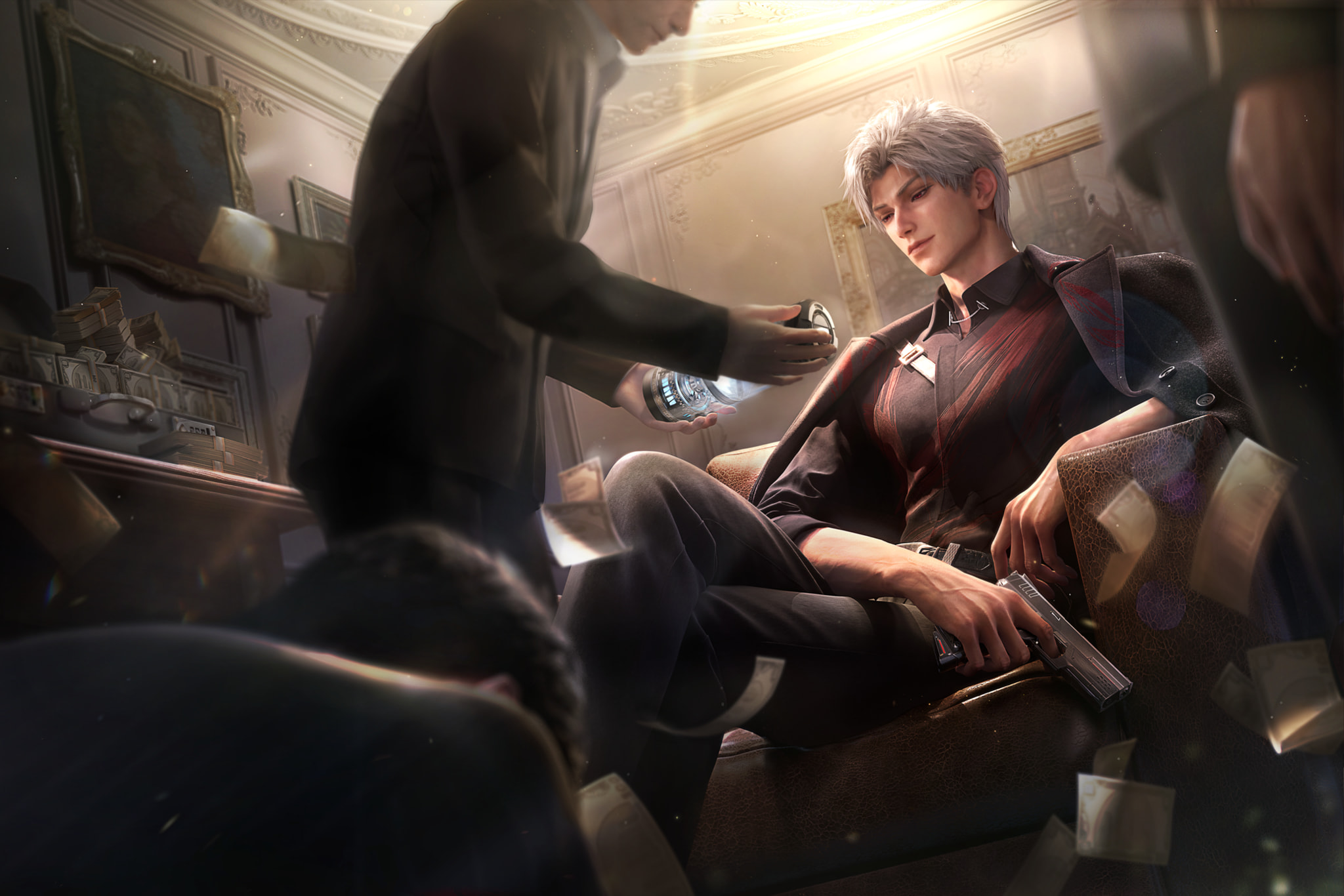 Sylus reclines in an armchair with a handgun on the seat as another person extends a glass toward him.