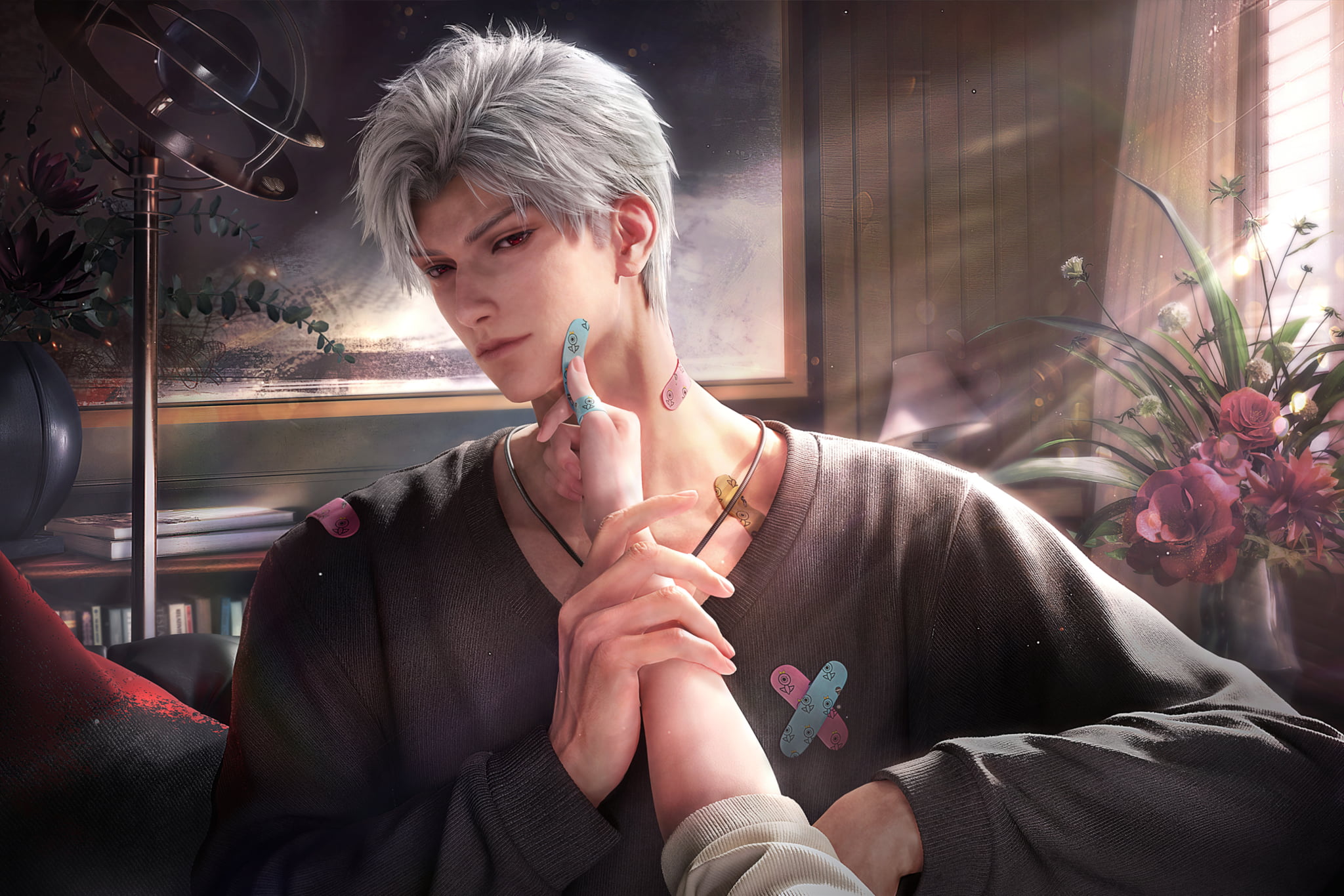 Sylus holds the heroine's wrist as she touches his cheek; colorful plasters decorate his skin.