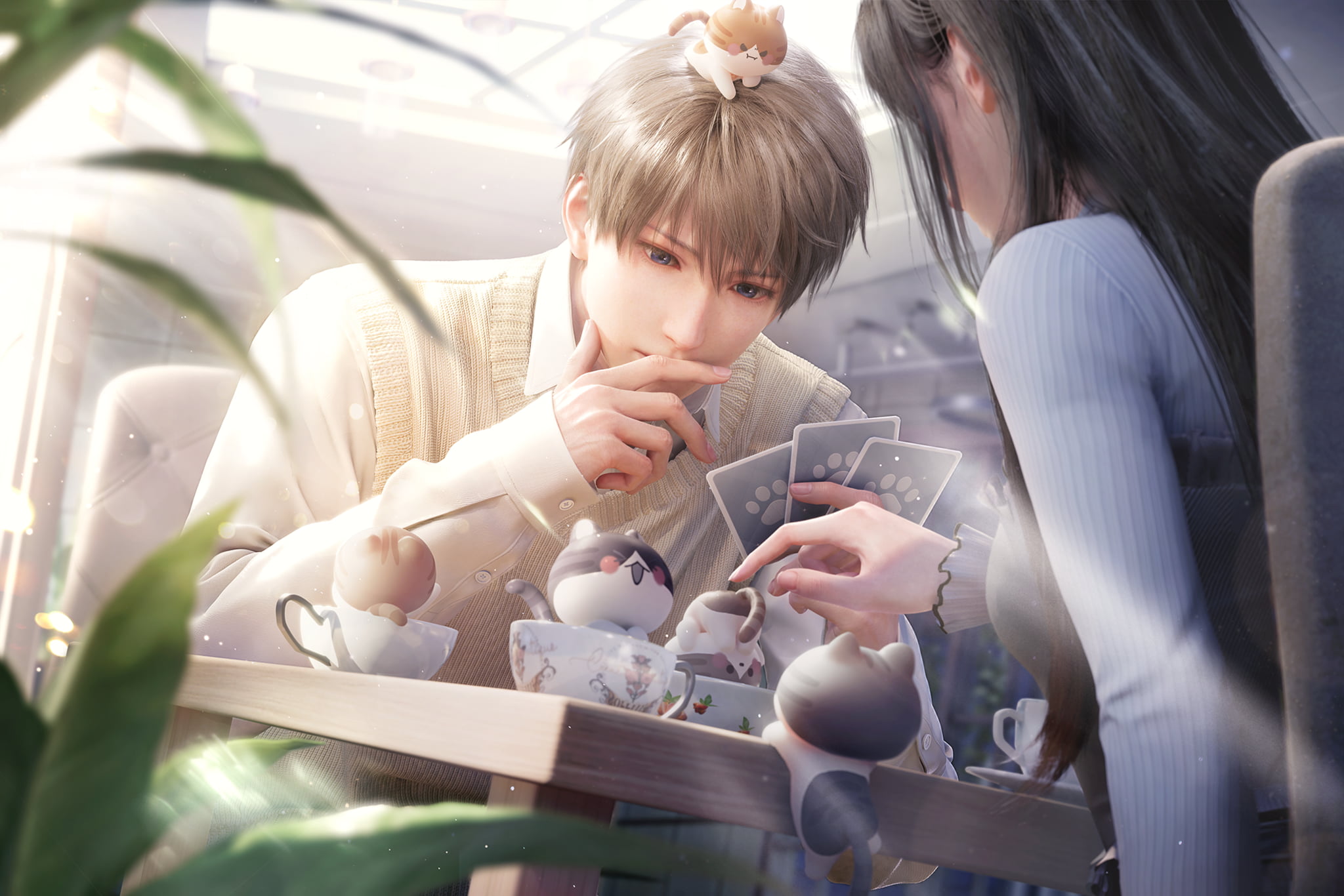 Xavier sits across from the heroine with cards and small animal figures on a sunlit table.