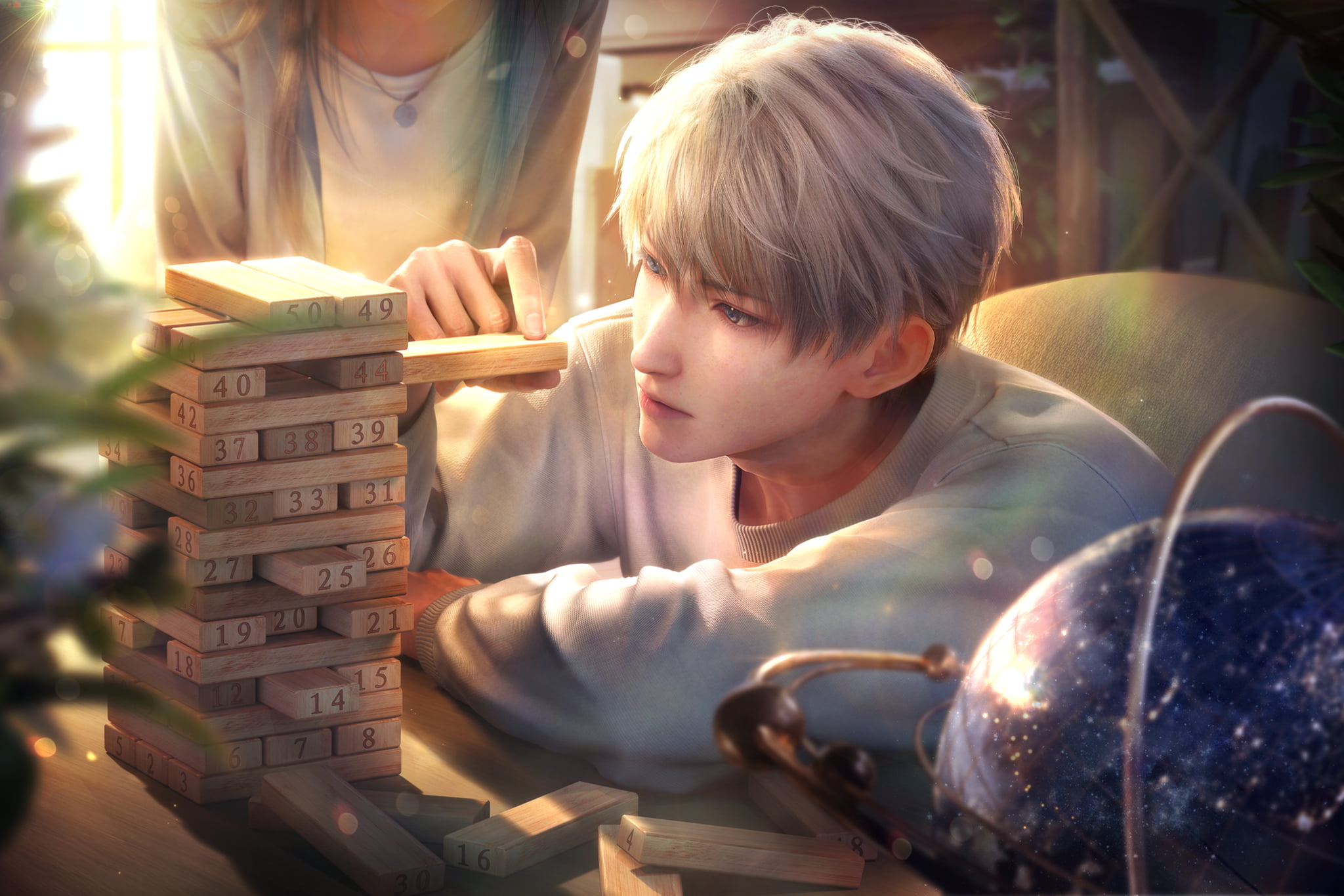 Xavier leans close to a wooden block tower while the heroine watches.