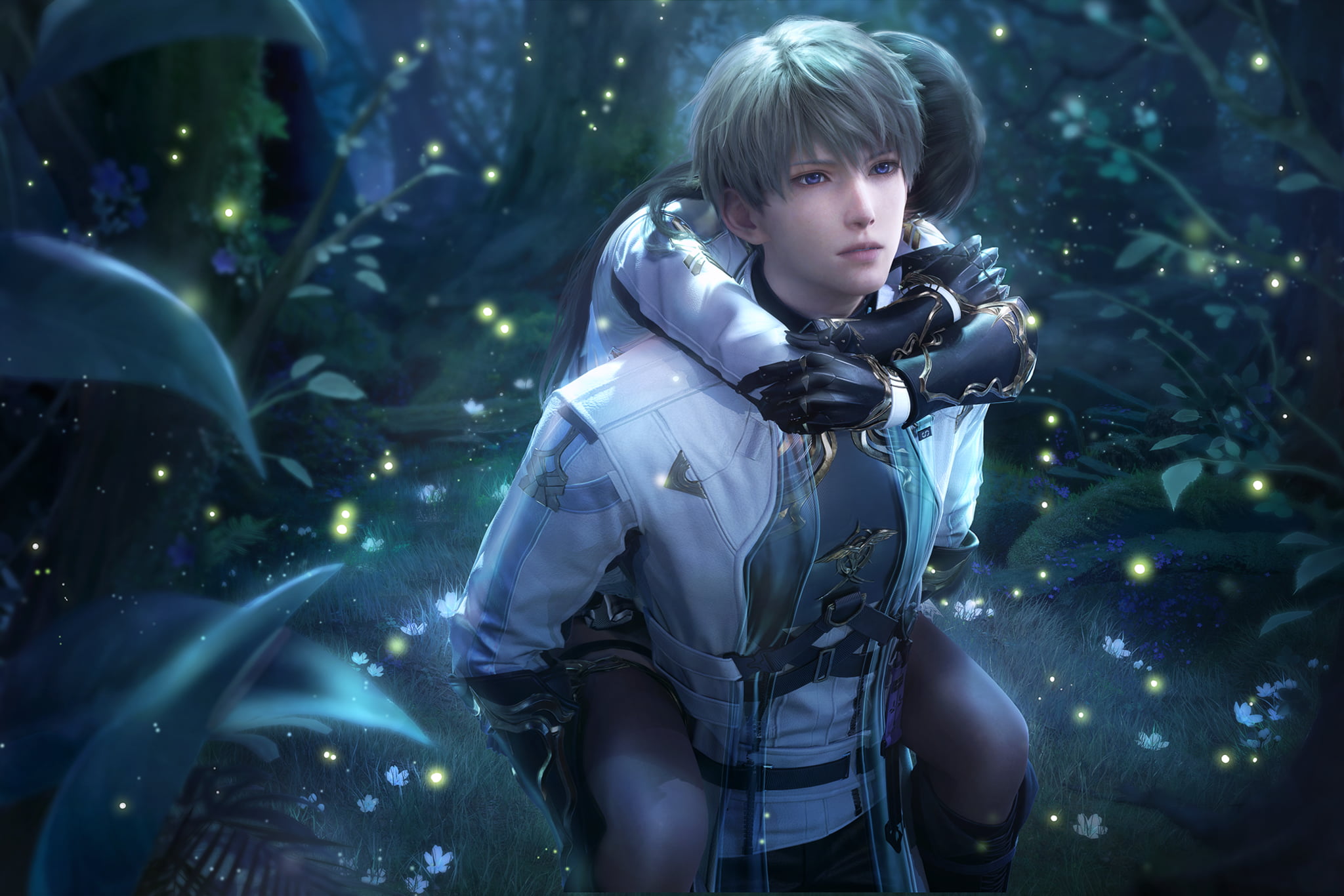 Xavier in a white combat outfit stands among glowing plants in a dark forest.