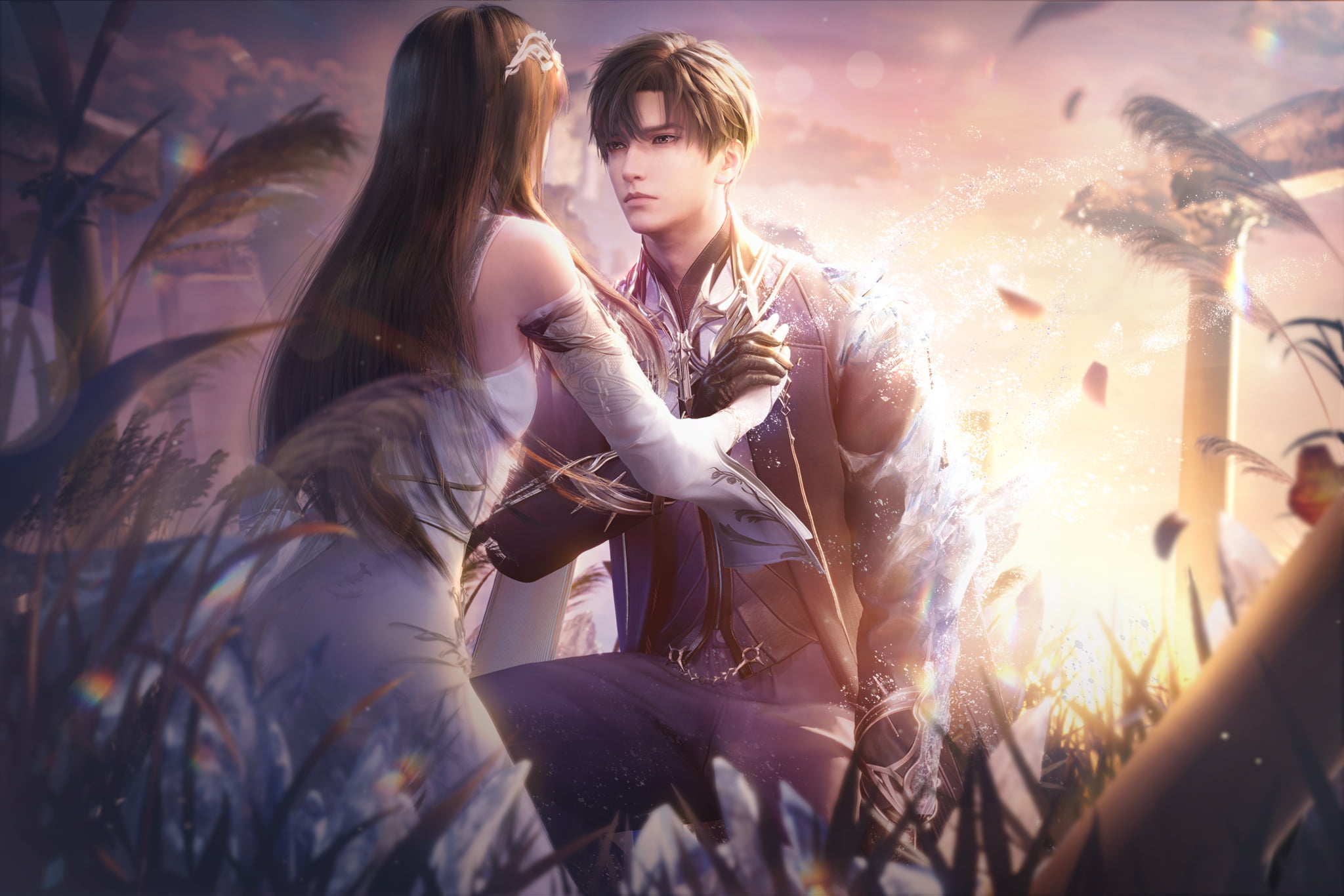 Zayne kneels beside the heroine among flowers in warm evening light.