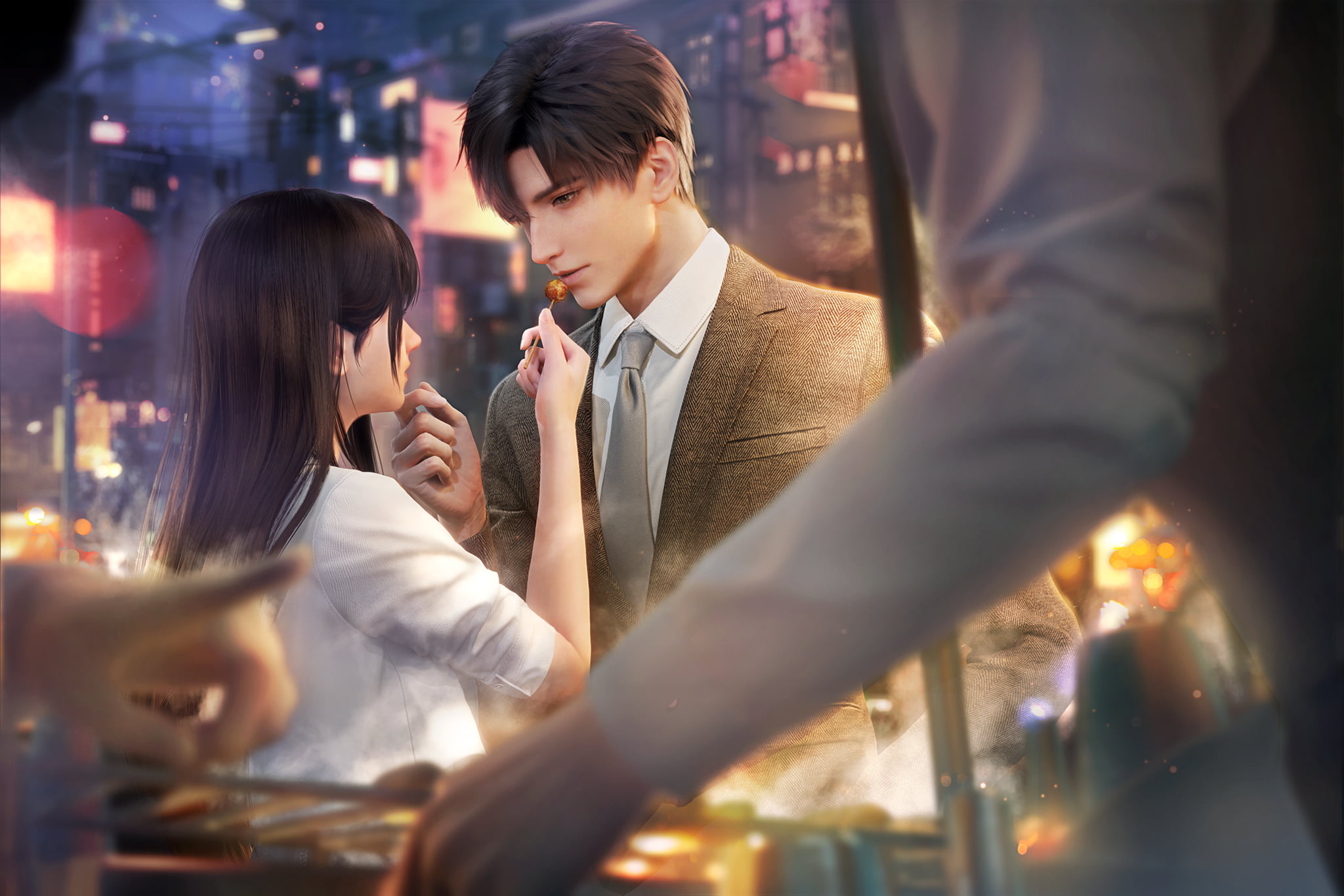 Zayne and the heroine share food at a brightly lit street stall.